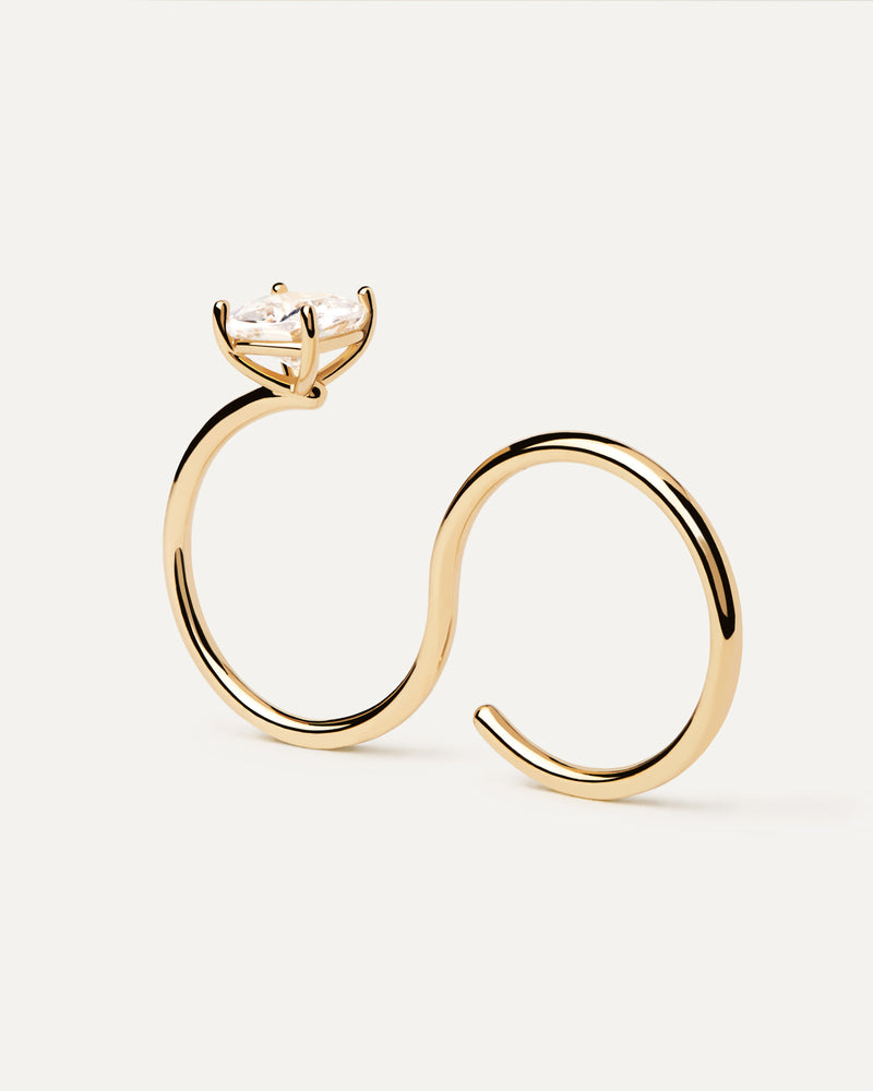 Modern gold-plated two finger open ring with white zirconia
