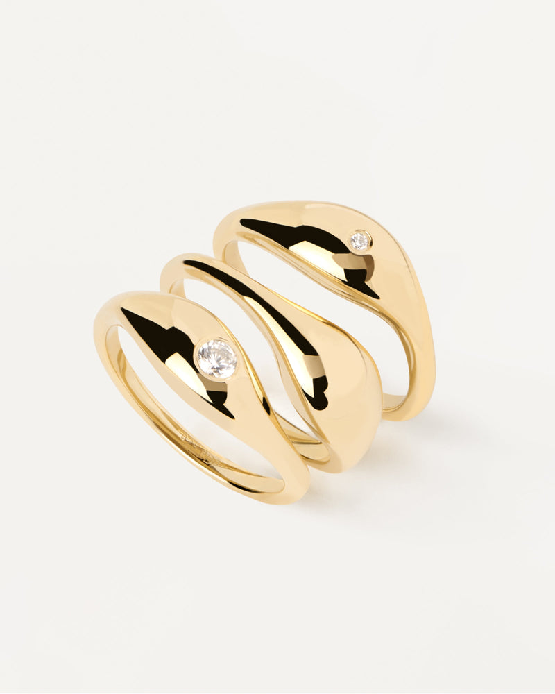 Gold-plated silver set of three signet rings with white zirconia