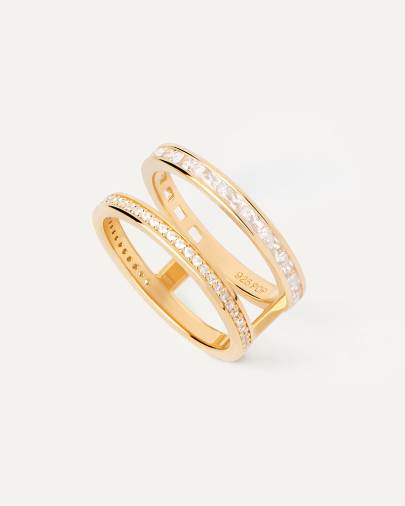 Gold-plated half geometric statement ring set with white zirconia