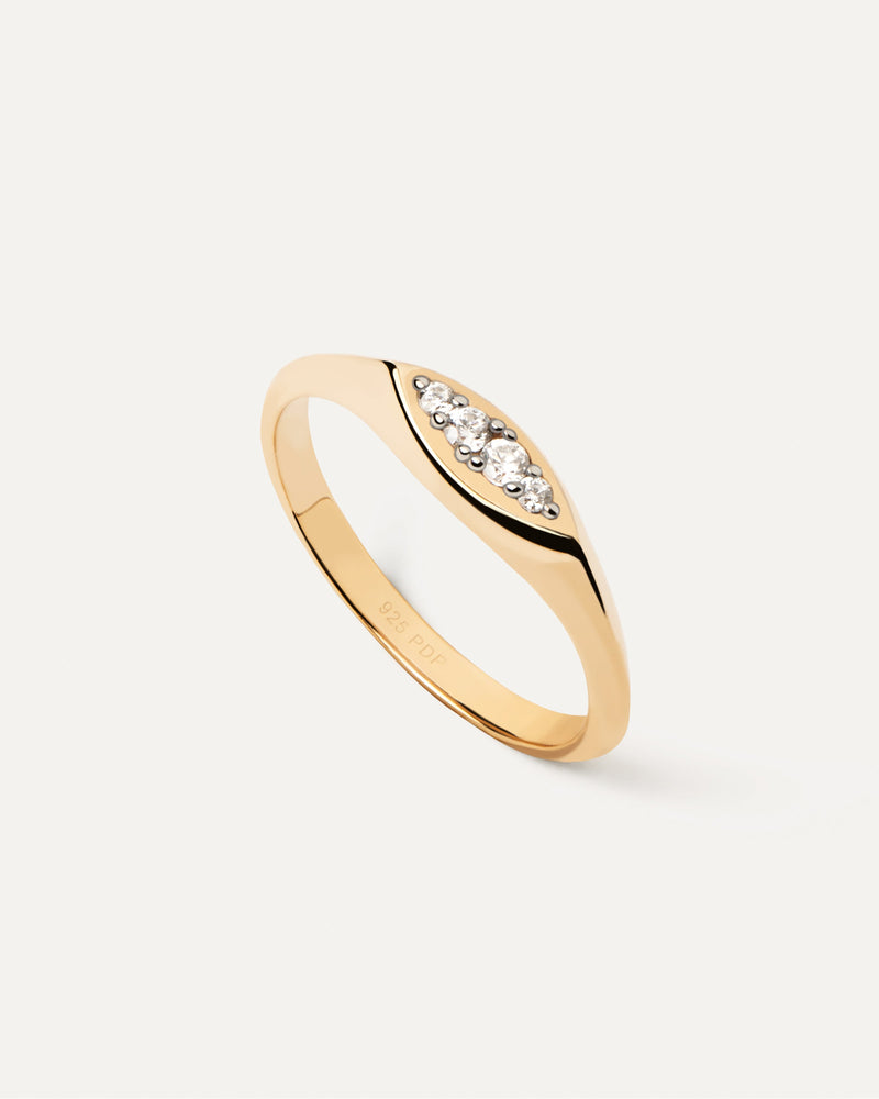 Gold-plated slim signet ring set with eye shape white zirconia multi-stone cluster