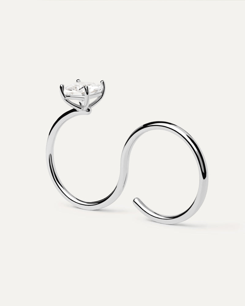 Modern two finger open silver ring with white zirconia