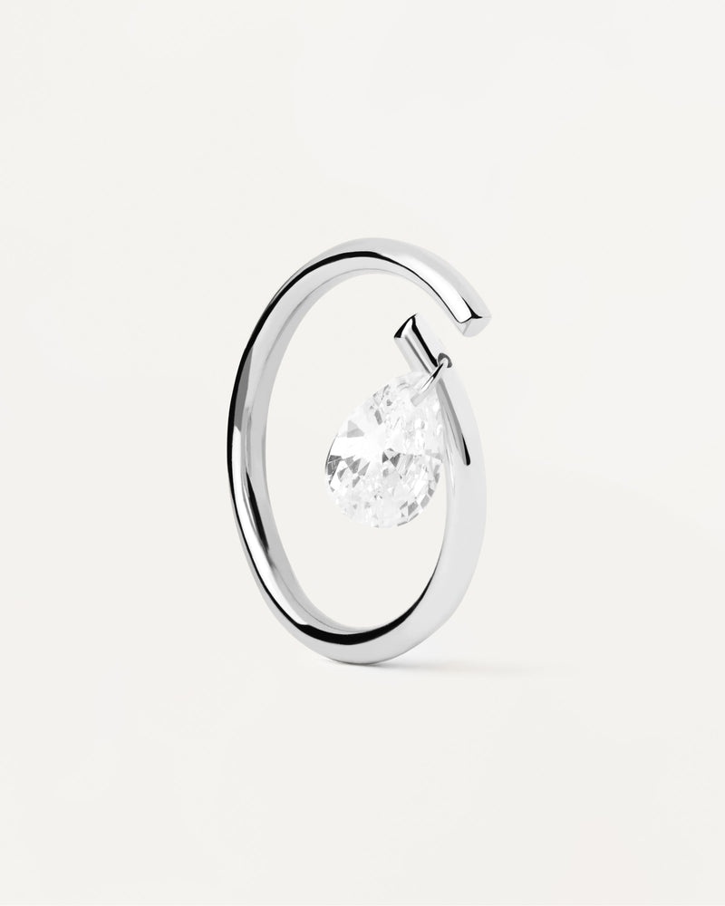 Sterling silver open ring with white zirconia drop pendant