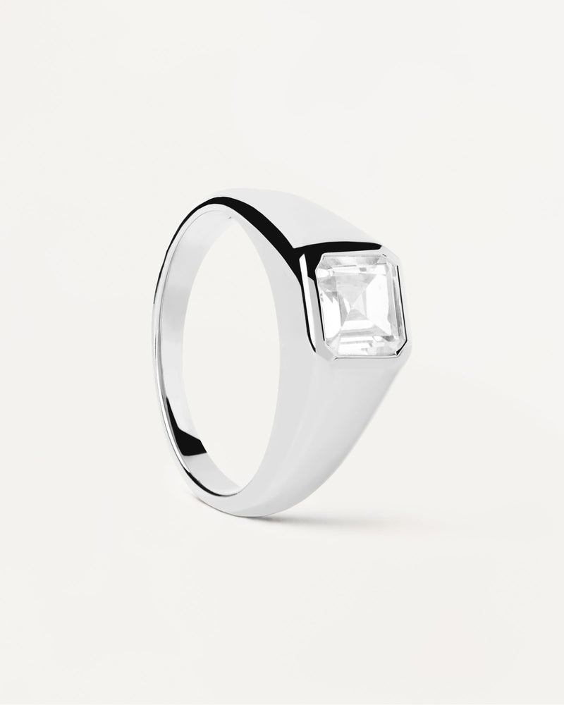 Sterling silver statement ring with squared white zirconia