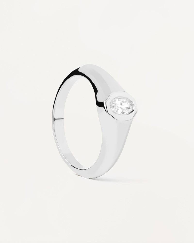 Sterling silver signet ring with oval white zirconia