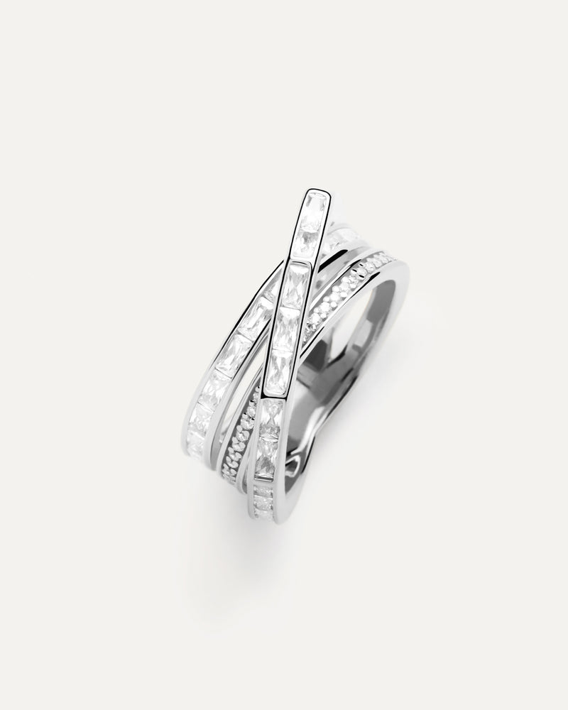Gold-plated crossover triple band silver ring set with white zirconia