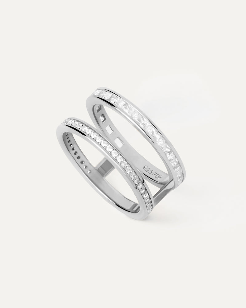 Crossover two band silver ring set with white zirconia