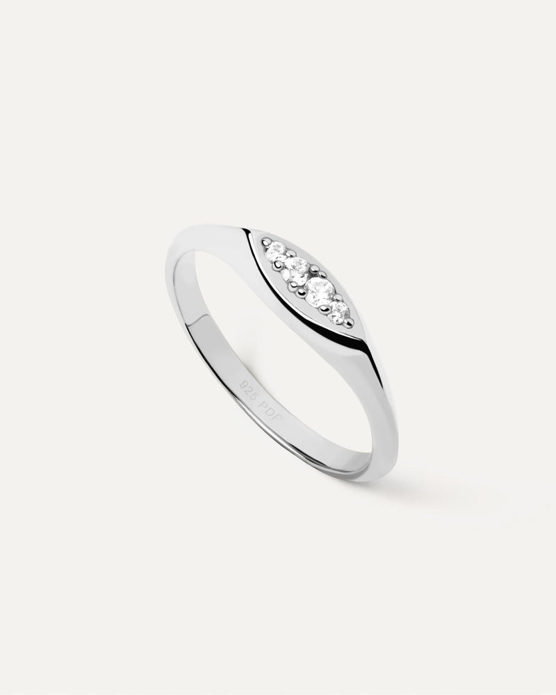 Sterling silver slim signet ring set with eye shape white zirconia multi-stone cluster