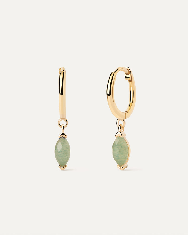 Gold-plated drop hoops with pear shape green gemstone pendant