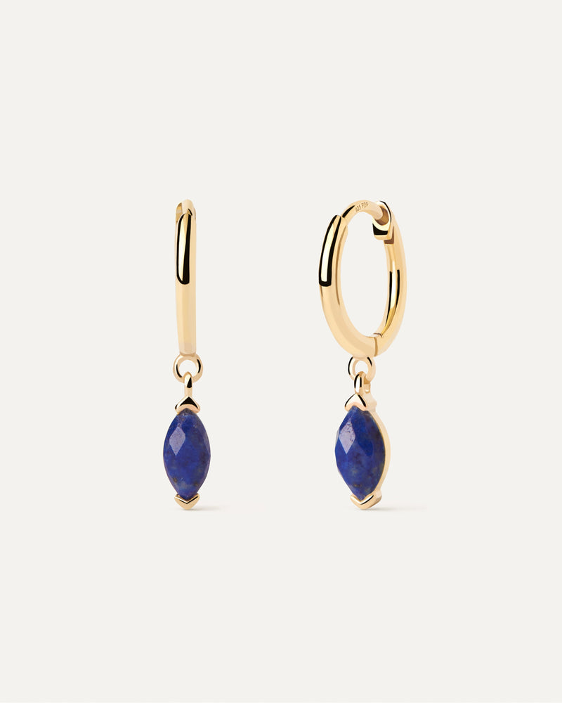 Gold-plated drop hoops with pear shape blue gemstone pendant