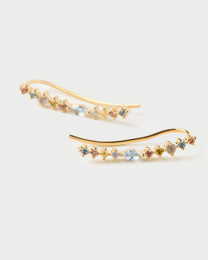 Gold-plated climbing earrings set with multicolor zirconia that vary in size and shape