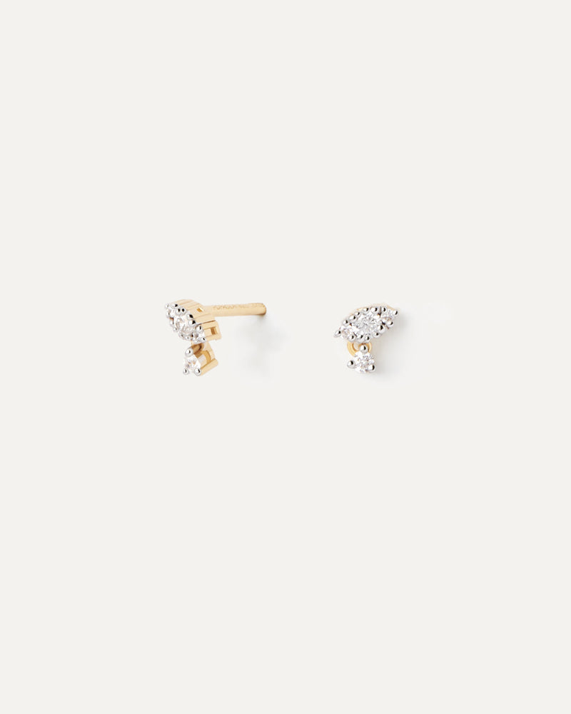 Leaf shaped studs in solid yellow gold set with 8 lab-grown diamonds, totaling 0.11 carats