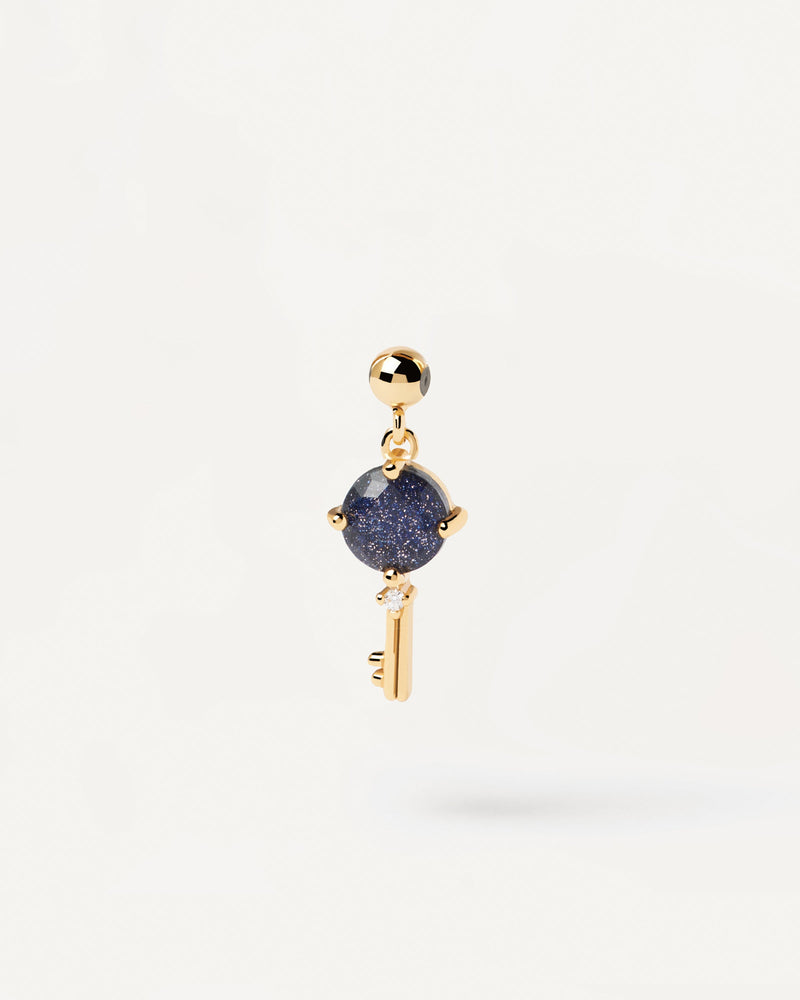 Gold-plated silver key pendant for Charm necklace or bracelet with blue gemstone and zirconia