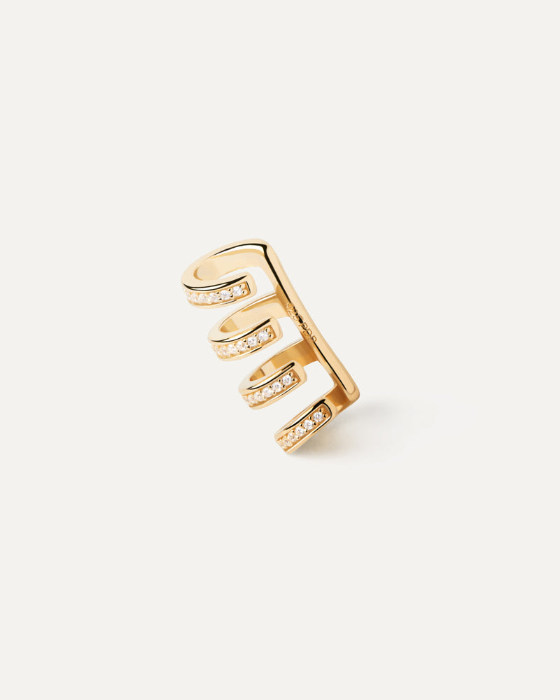 Gold-plated bold four band ear cuff set with white zirconia