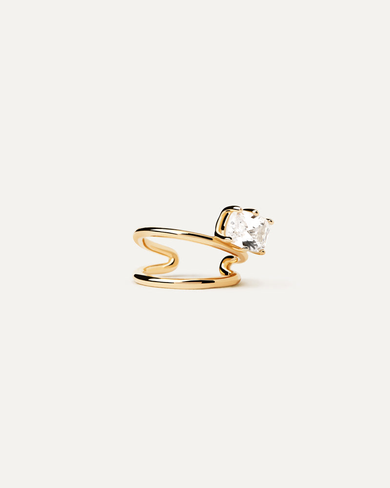 Gold-plated double no-piercing ear cuff set with rectangular cut white zirconia