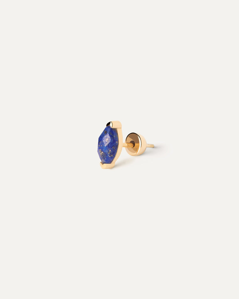 Gold-plated stud earring embellished with marquise cut blue gemstone