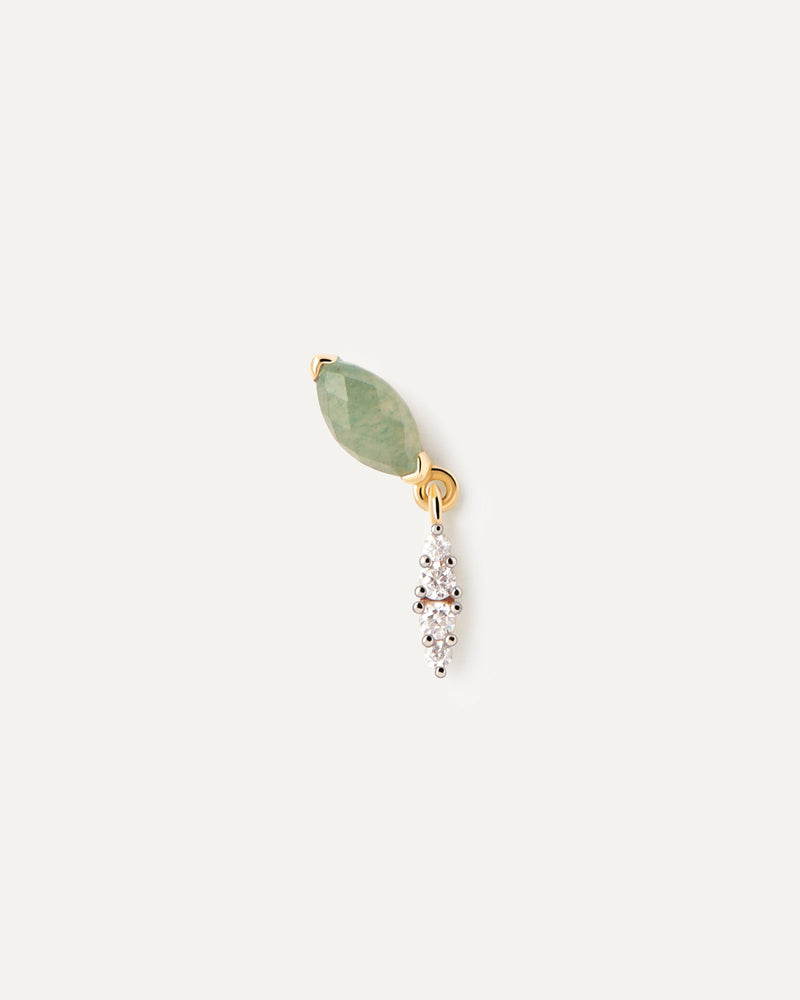Gold-plated stud earring with green gemstone and eye shape white zirconia pendant