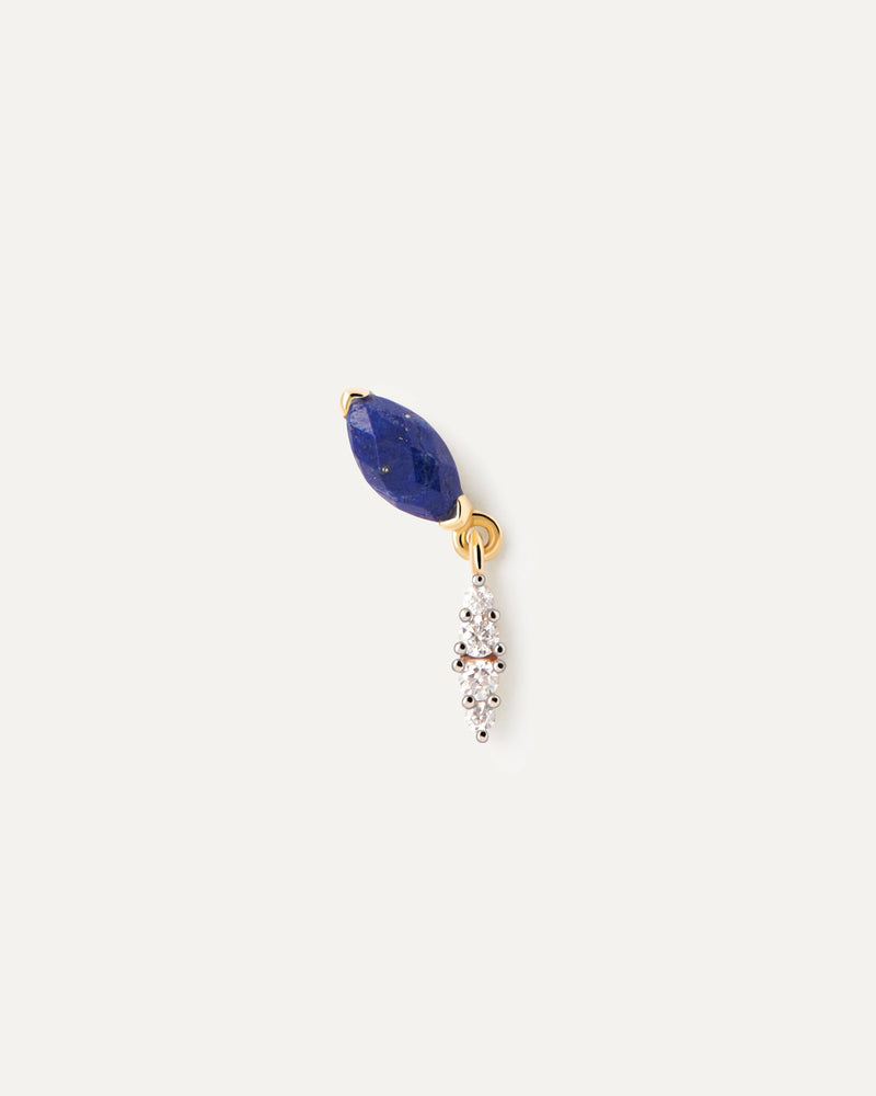 Gold-plated stud earring with blue gemstone and eye shape white zirconia pendant