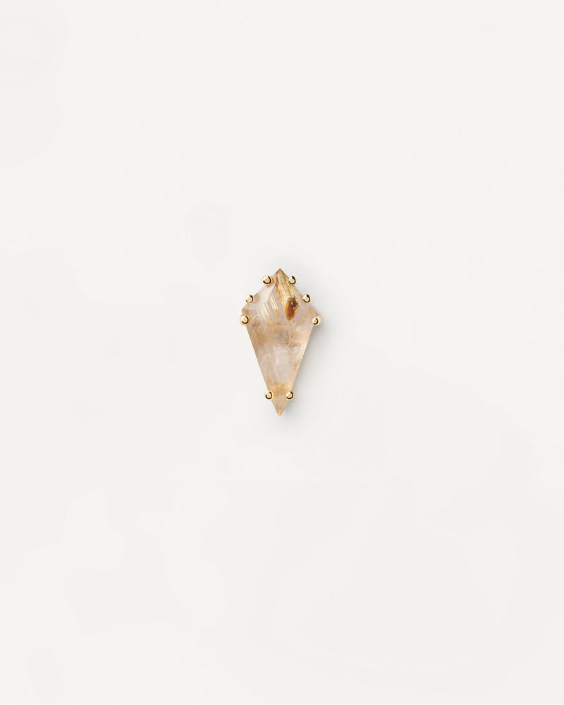 Gold-plated pin ear piercing with beige gemstone in pointy shape