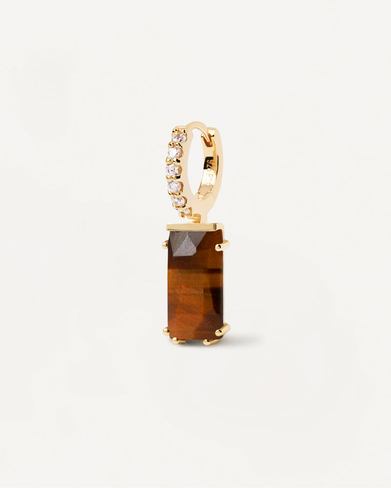Gold-plated hoop ear piercing with white zirconia and brown rectangular gemstone pendant