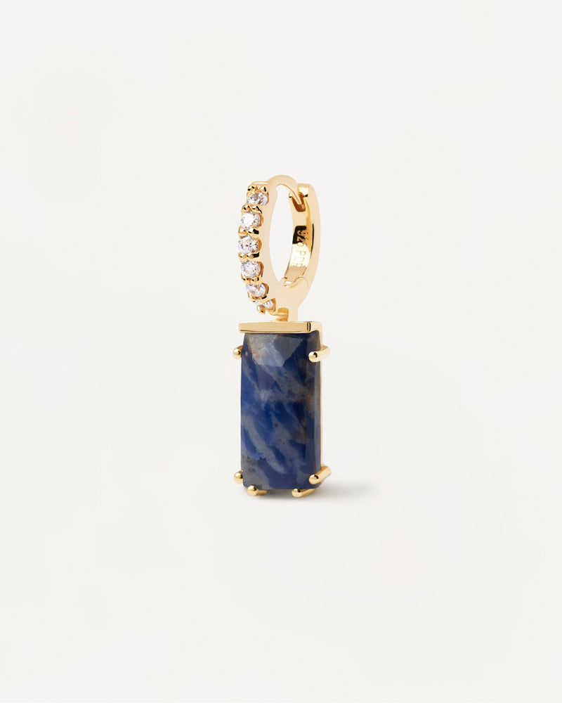 Gold-plated hoop ear piercing with white zirconia and dark blue rectangular gemstone pendant