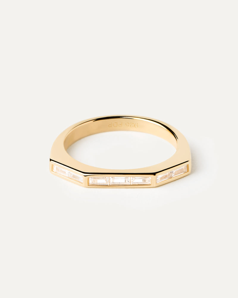Gold-plated half geometric ring set with white zirconia