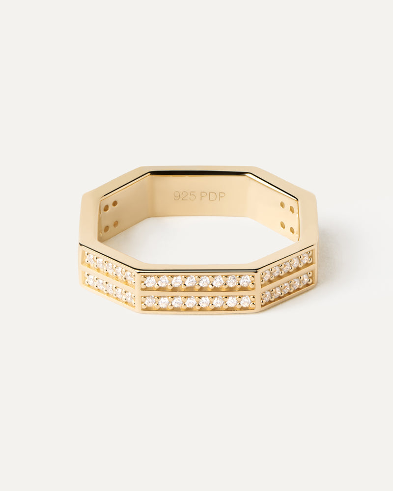 Gold-plated eternity ring set with rectangular cut white zirconia