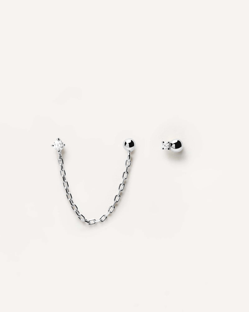 Chain linked and single 925 sterling silver studs set with two white zirconia stones
