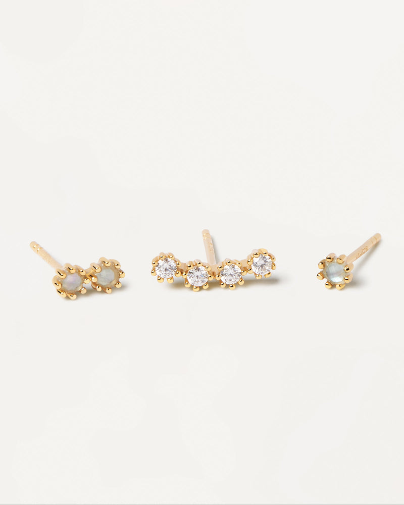 Set of 3 studs in gold-plated silver and white and blue zirconia