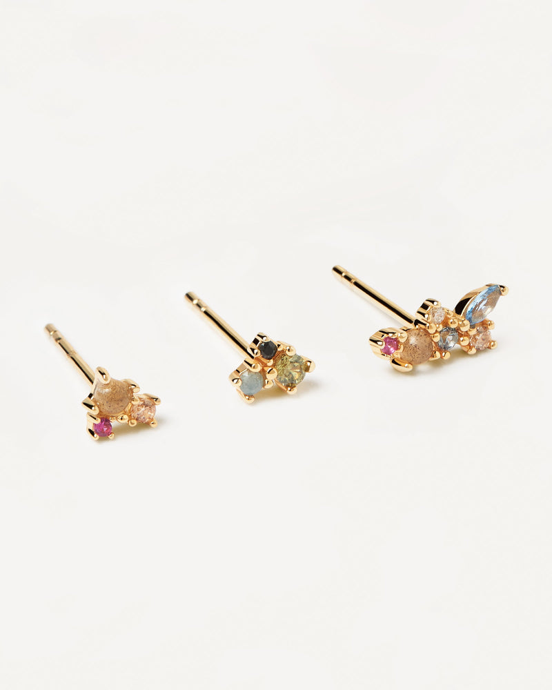 3 single stud earrings with multicolor stones