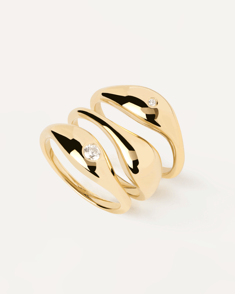 Gold-plated silver set of three signet rings with white zirconia