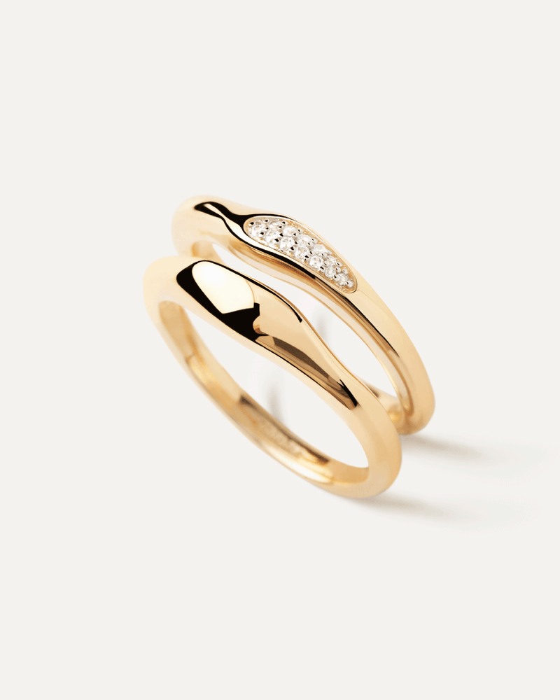 Gold-plated set of two organic rings with pavé zirconia and wavy shape